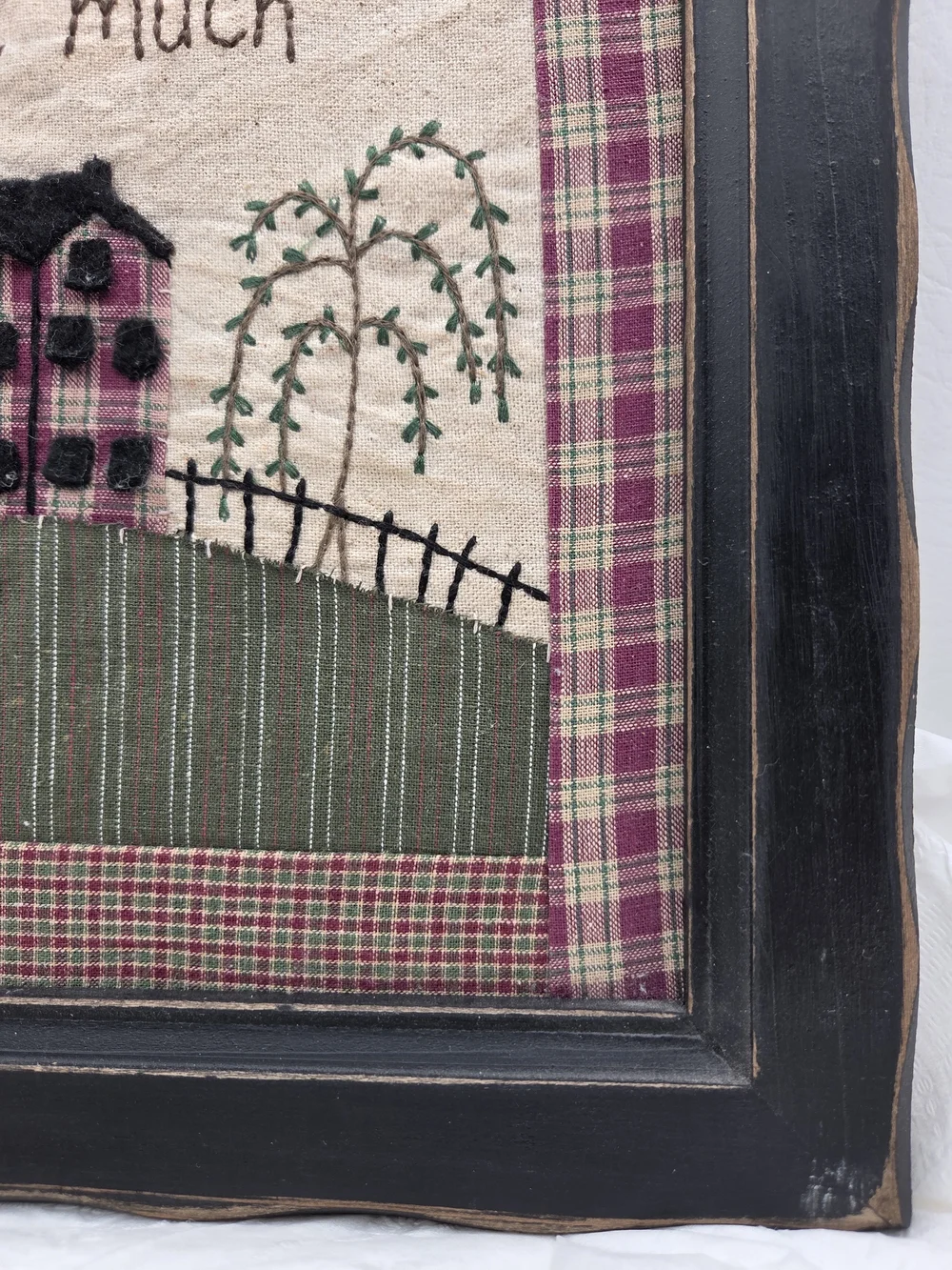 Primitive Style Framed Quilt Block Stitched Saltbox House Willow Tree Checkered.